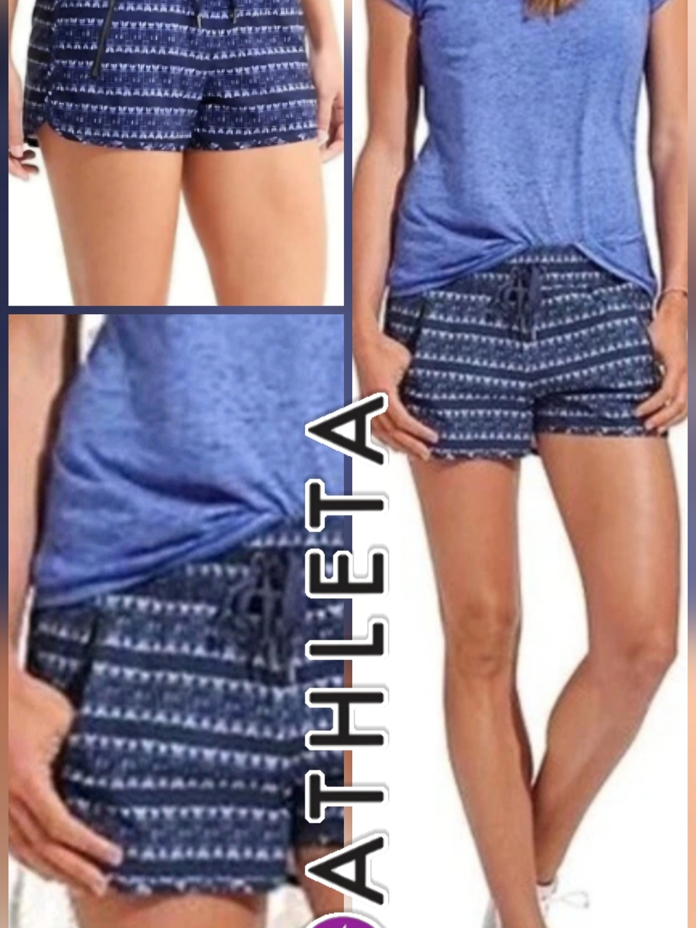 3 For $30😃 Athleta Ikat Sway Blue Patterned Drawstring Shorts Zipper Pockets